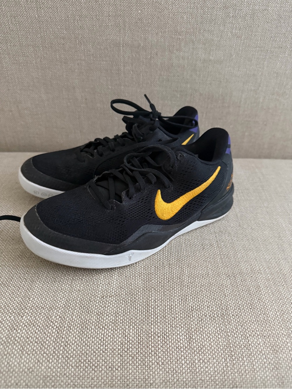 Nike Youth Kobe Black Sneakers with Yellow Swoosh and Purple Heel Accents